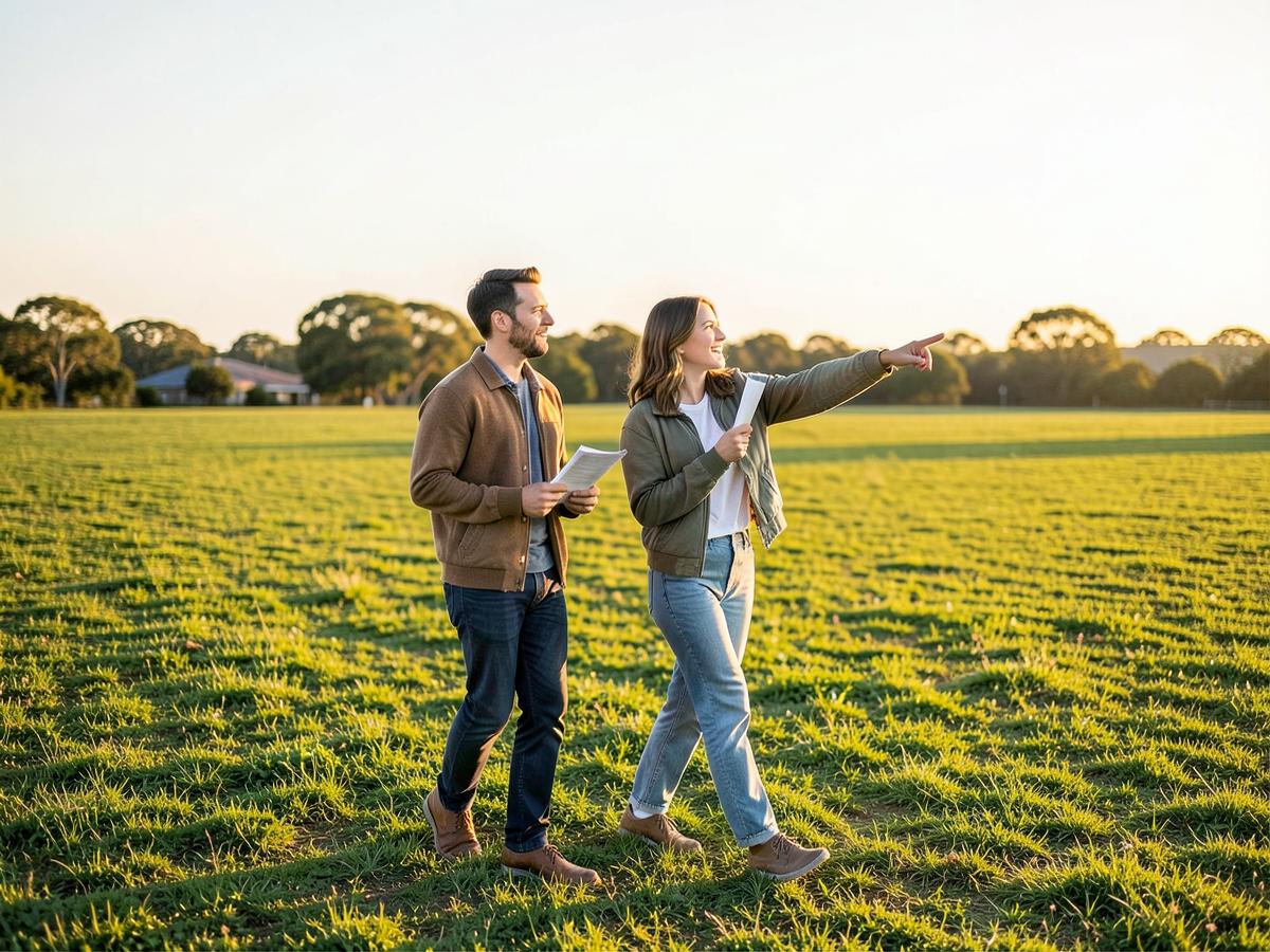 Two people reviewing documents while walking across open land