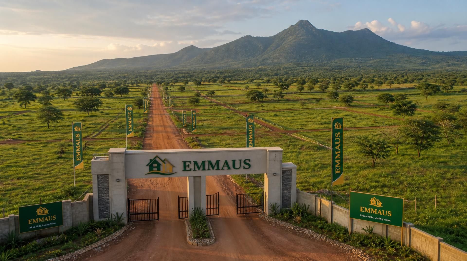 Aerial view of a lush green Emmaus Properties plot development with a branded entrance gate, signboards and flags under a clear sky